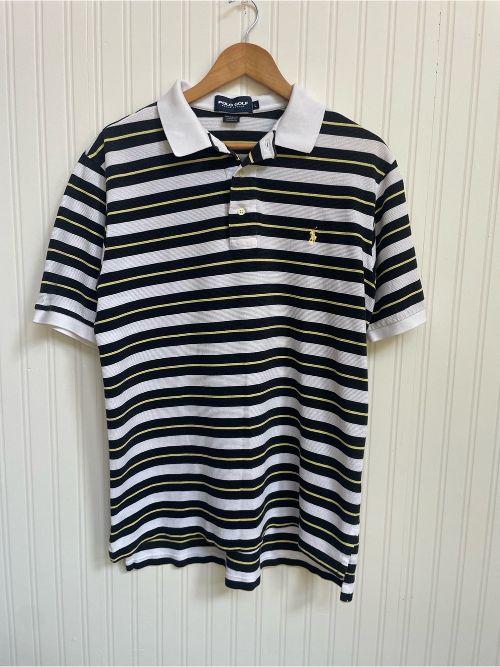 Ralph Lauren Polo Golf Striped Shirt in White, Black & Yellow Men’s Large
